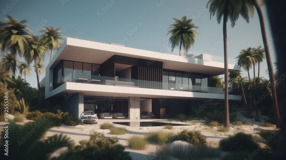 The concept of a modern house with a flat roof and panoramic windows surrounded by nature. 3D visualization