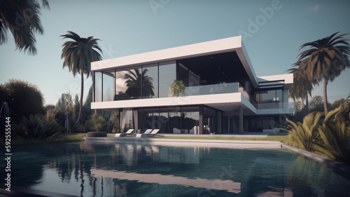 The concept of a modern house with a flat roof and panoramic windows surrounded by nature. 3D visualization © House