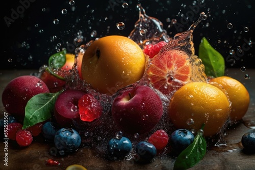 Mixed fruit with splashing water generated with AI