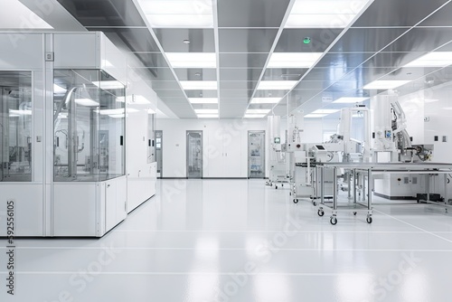 cleanroom with robotics, machines and equipment for high-tech research project, created with generative ai