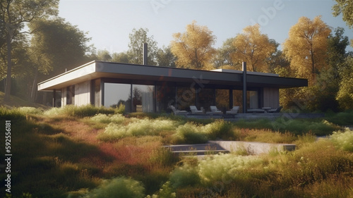 The concept of a modern house with a flat roof and panoramic windows surrounded by nature. 3D visualization