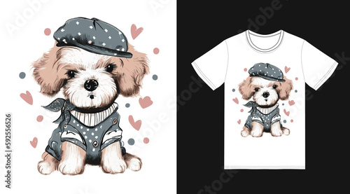 cute portrait of dog dressed up in urban stylet-shirt design, cute portrait of dog dressed up in urban style kids t-shirt, swatshirt design, t-shirt design 