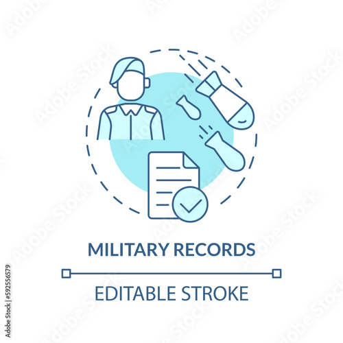Military records blue concept icon. Enlistment data. Family research record abstract idea thin line illustration. Isolated outline drawing. Editable stroke. Arial, Myriad Pro-Bold fonts used