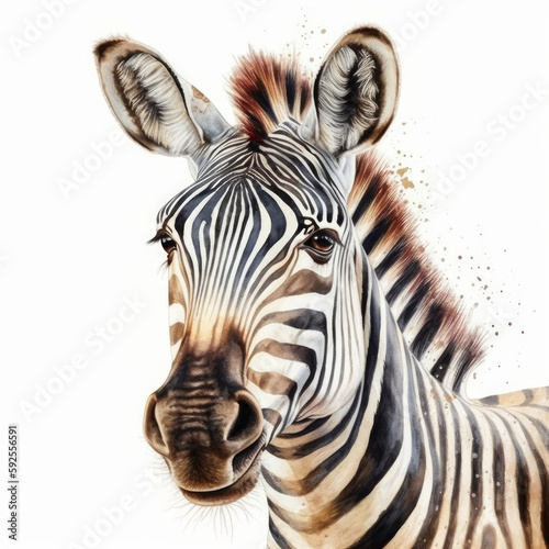 Watercolor painting of a cute zebra on white. AI generated illustration