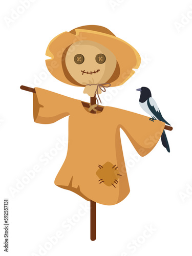 Concept Hello autumn with scarecrow crow raven garden. This illustration features a scarecrow standing in a garden, surrounded by autumn leaves. Vector illustration.