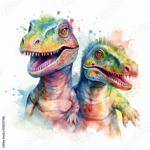 Watercolor painting of a two cute baby love dinosaur on white background. Al generated © ArtStage