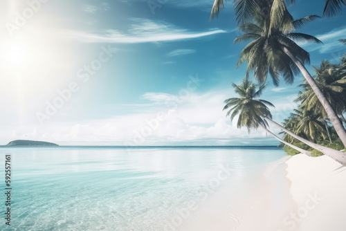 Idyllic Tropical Beach with palm tree, travel summer paradise banner background, generative AI