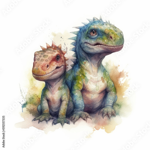 Watercolor painting of a two cute baby love dinosaur on white background. Al generated © ArtStage