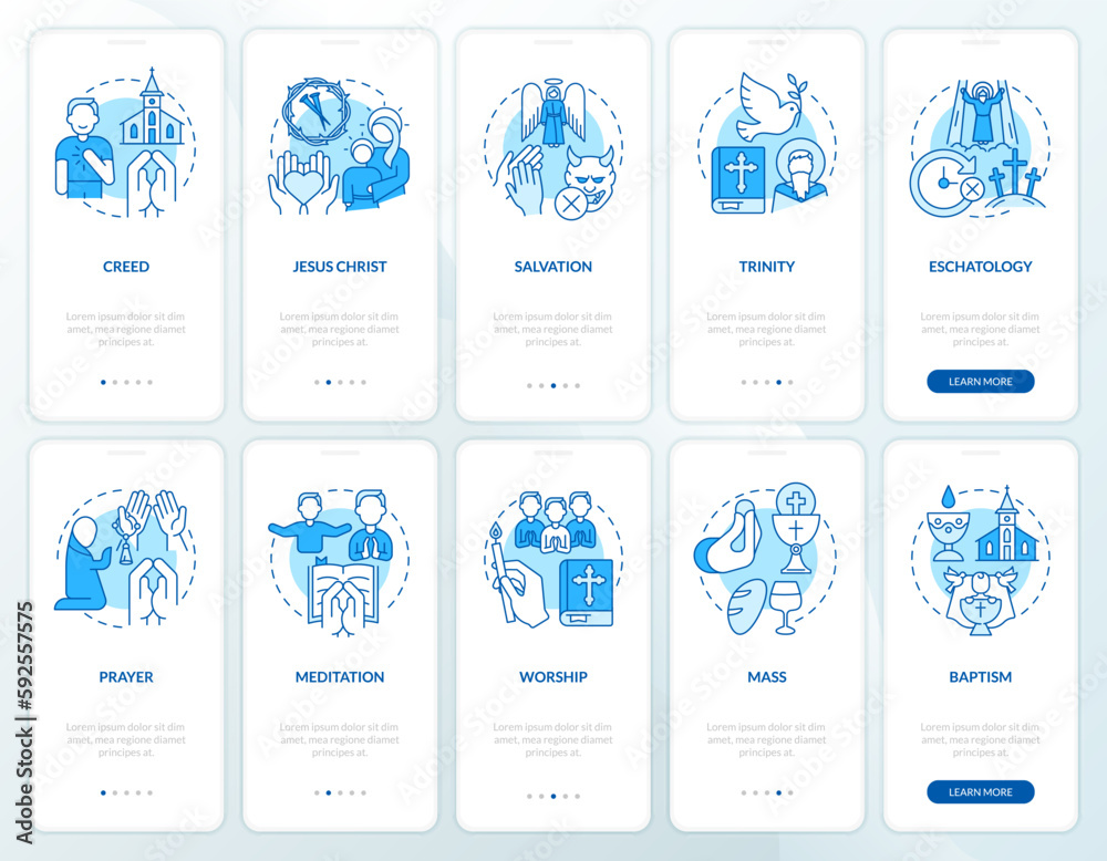 Christian beliefs and rituals blue onboarding mobile app screens set. Walkthrough 5 steps editable graphic instructions with linear concepts. UI, UX, GUI template. Myriad Pro-Bold, Regular fonts used