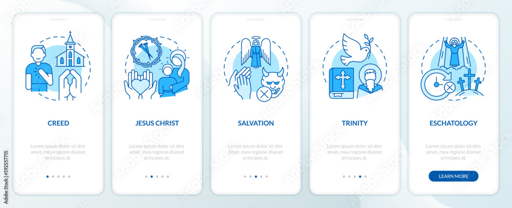 Christian beliefs blue onboarding mobile app screen. Statements walkthrough 5 steps editable graphic instructions with linear concepts. UI, UX, GUI template. Myriad Pro-Bold, Regular fonts used