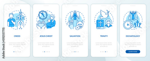 Christian beliefs blue onboarding mobile app screen. Statements walkthrough 5 steps editable graphic instructions with linear concepts. UI, UX, GUI template. Myriad Pro-Bold, Regular fonts used