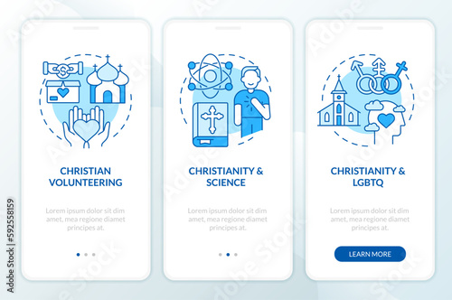 Modern Christianity blue onboarding mobile app screen. Religion walkthrough 3 steps editable graphic instructions with linear concepts. UI, UX, GUI template. Myriad Pro-Bold, Regular fonts used