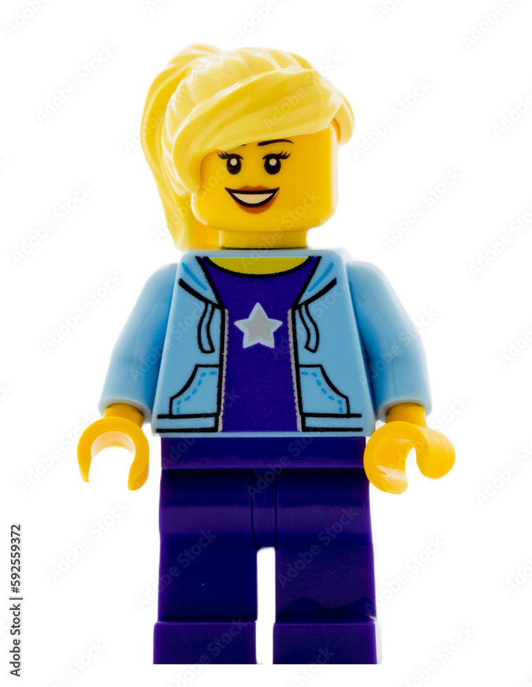 Dortmund - Deutschland 14. April 2023 Lego Minifigure Mädchen in blauer  Kleidung Stock Photo
