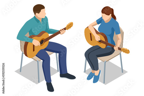 Isometric Vocal artists. Couple playing an acoustic guitar together. Male teacher explains to female student the basics of playing guitar.