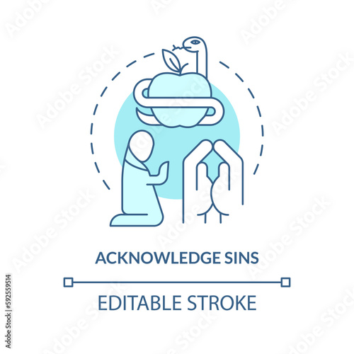 Acknowledge sins turquoise concept icon. Repentance for salvation. Becoming Christian abstract idea thin line illustration. Isolated outline drawing. Editable stroke. Arial, Myriad Pro-Bold fonts used