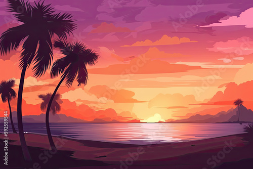 Tropical landscape with sunset beach and tropical palm trees. AI generative. © chandlervid85