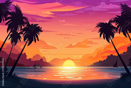 Tropical landscape with sunset beach and tropical palm trees. AI generative.