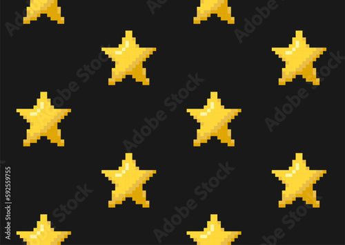 Pixel art gold star seamless pattern. 8-bit retro video game style vector background.
