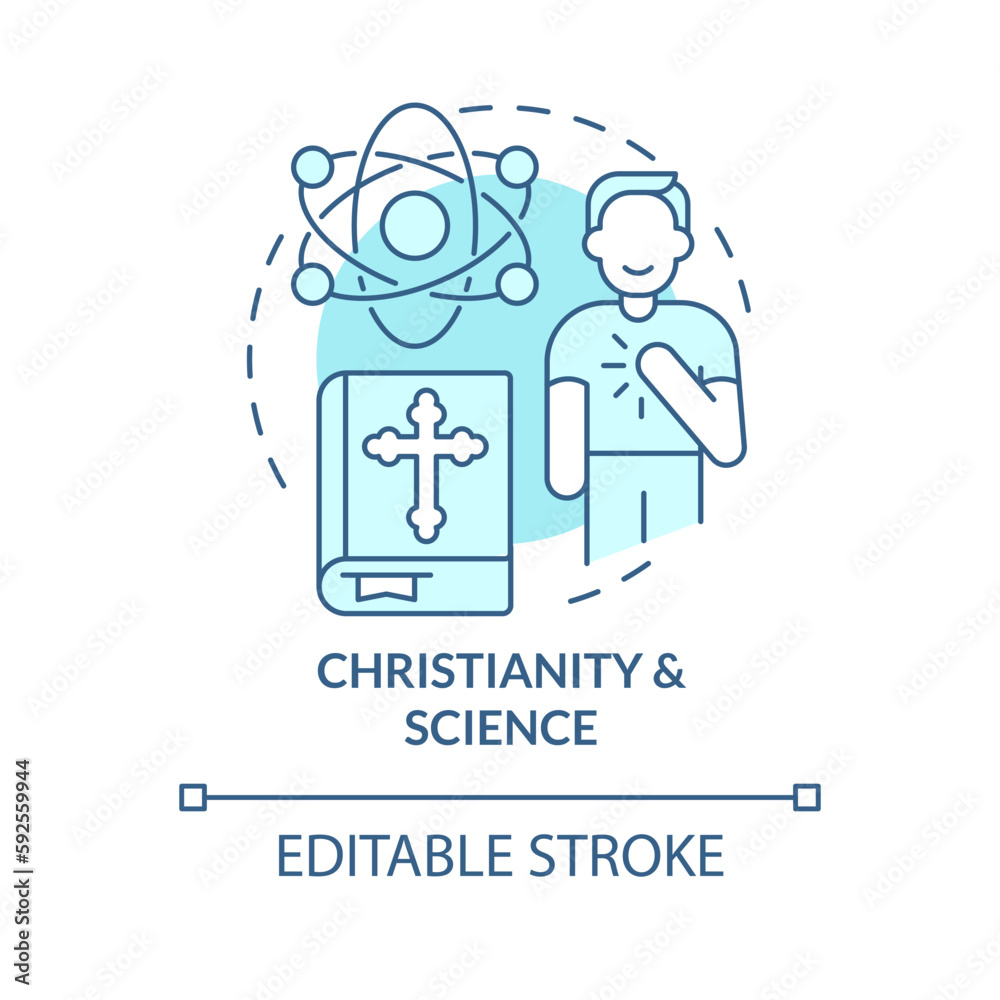 Christianity and science turquoise concept icon. Progress. Innovative religion abstract idea thin line illustration. Isolated outline drawing. Editable stroke. Arial, Myriad Pro-Bold fonts used Christianity and science turquoise concept icon. Progress. Innovative religion abstract idea thin line illustration. Isolated outline drawing. Editable stroke. Arial, Myriad Pro-Bold fonts used