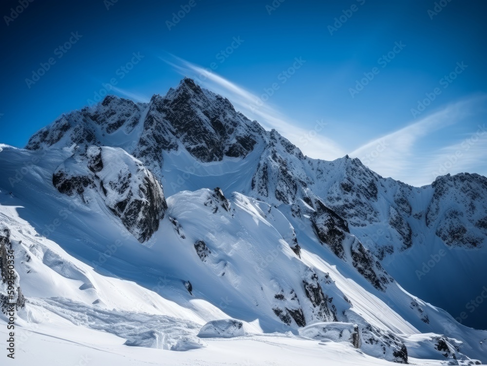 A majestic mountain range with snow-capped peaks and a clear blue sky