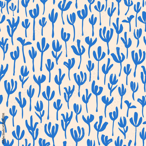 Abstract, scandinavian leaves seamless repeat pattern. Blue botanical, vector elemens all over surface print on white background. © MoJX.Studio