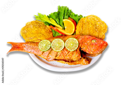 A delicious and beautiful plate of food, including fish, pies and vegetables