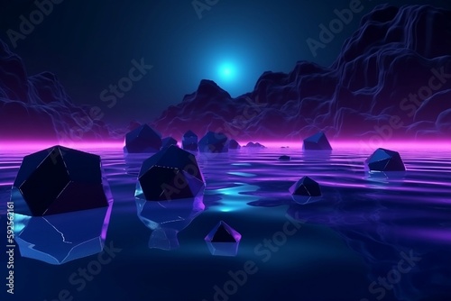 3d render, dark moon night  with rhombus geometric shape, extraterrestrial landscape under the night sky. Rocks and water reflection.