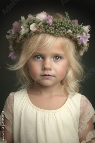 Beautiful American girl's model wearing a flower crown and white dress, AI Generative