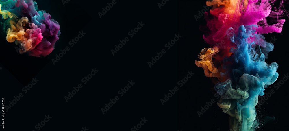 colorful rainbow colored smoke banner isolated on dark black wide panorama background. beautiful party concept.magical glow abstract banner color drop with copy space