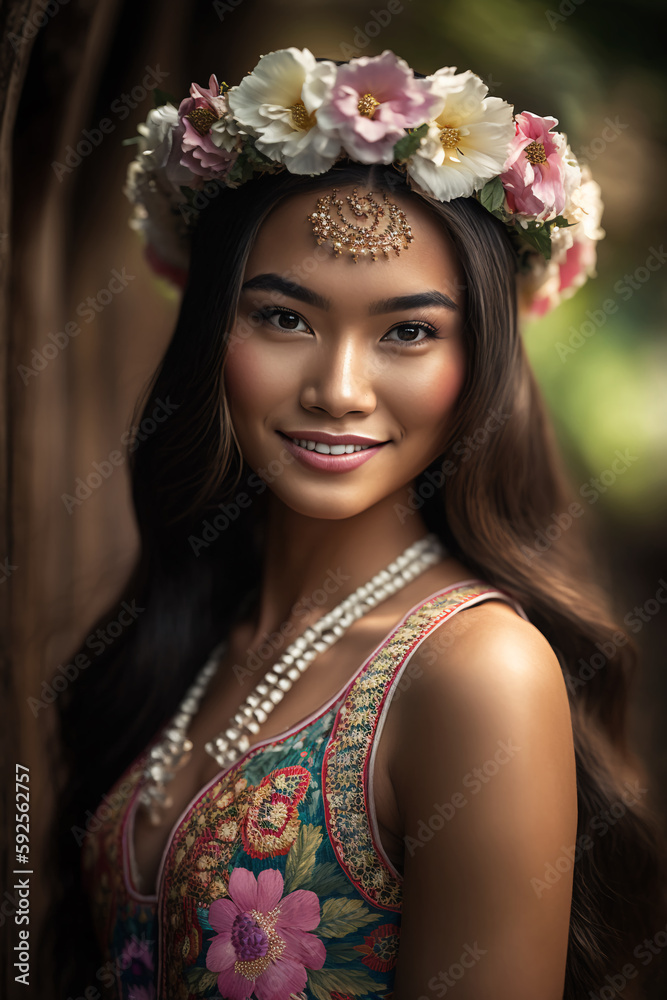 Beautiful Indonesian female model wearing a flower crown and national ethnic costume, AI Generative Beautiful Indonesian female model wearing a flower crown and national ethnic costume, AI Generative