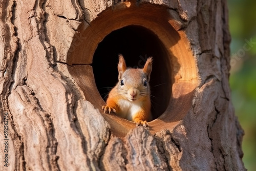 cute squirrel hiding in a tree hole
