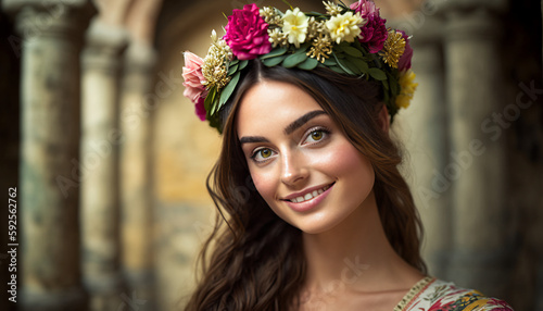 Beautiful Italian female model wearing a flower crown and national ethnic costume, AI Generative