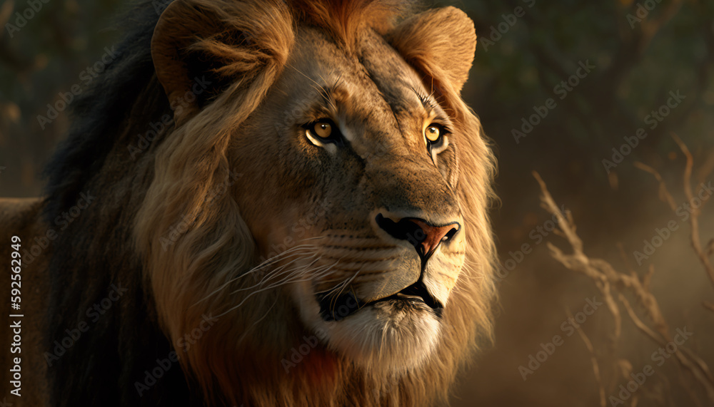 Wild male lions in the savanna, powerful and majestic, AI Generative