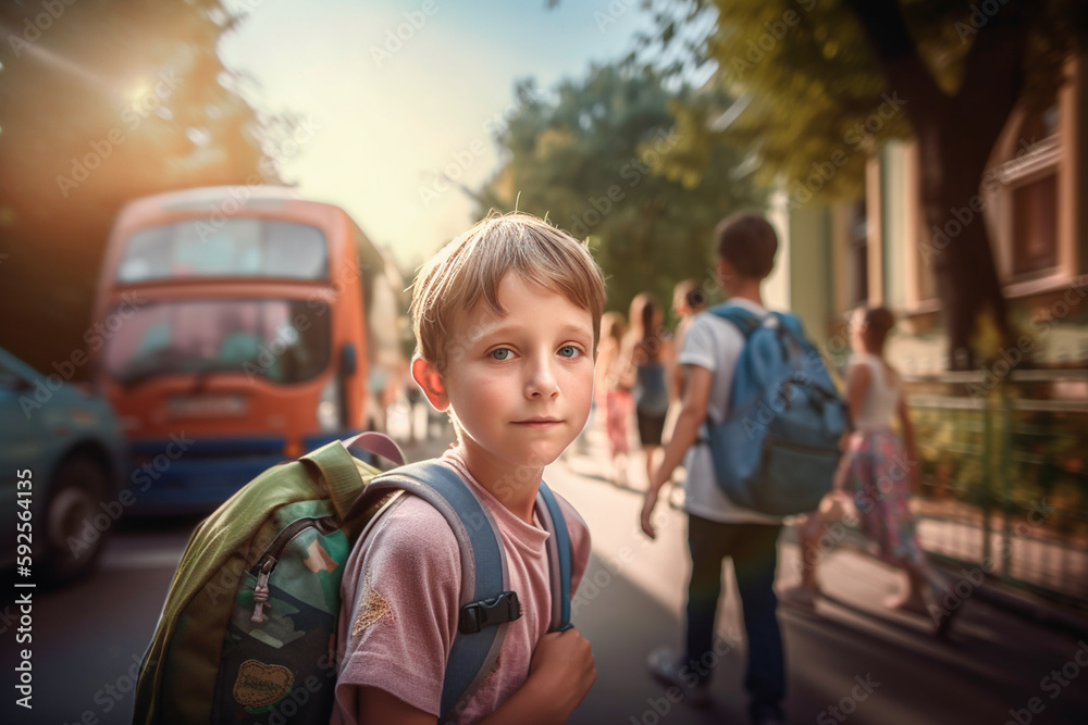 Portrait of a boy in the street on his first day of school. Back to school concept.