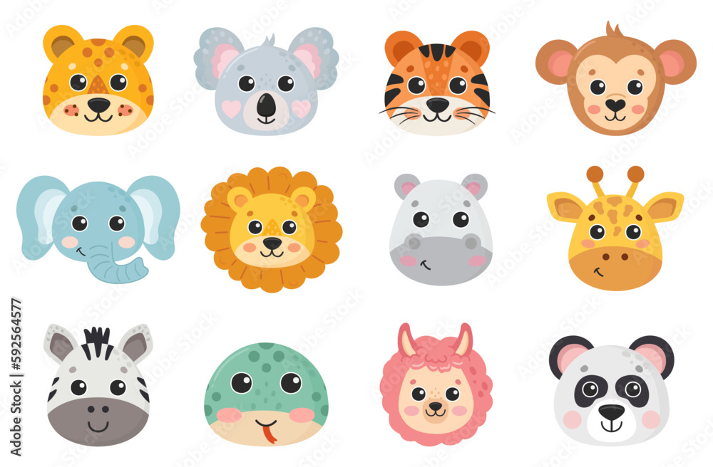 African animal faces. Cute simple animal portraits. Sweet funny animals. Hand drawn characters. Vector illustration. African animal faces. Cute simple animal portraits. Sweet funny animals. Hand drawn characters. Vector illustration.