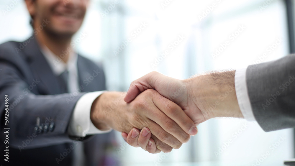 Two businessmen shaking hands at lunch meeting