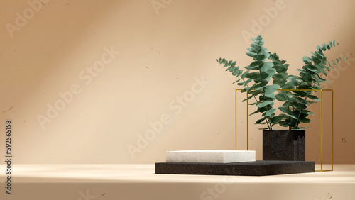 black white ceramic podium in landscape eucalyptus leaf and gold cube, 3d render image empty space 