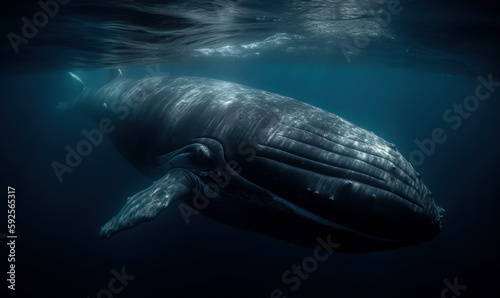 photo of baleen whale in its natural habitat. Generative AI