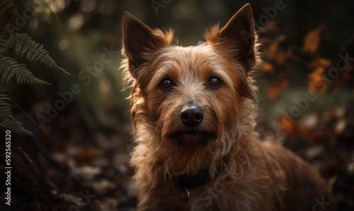 close up photo of Australian terrier in forest. Generative AI © Bartek
