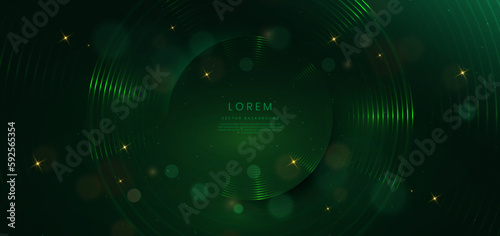Abstact luxury green circle lines and lighting effect on green background.