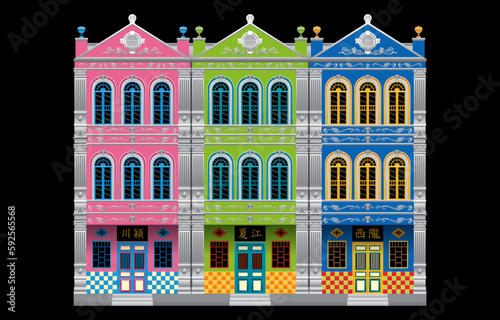 Historical three story shop houses. Linked. Chinese words means: the places where the owner's origin.
