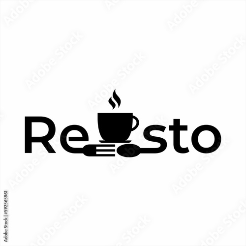 Resto  word design with spoon  fork and cup of hot coffee.