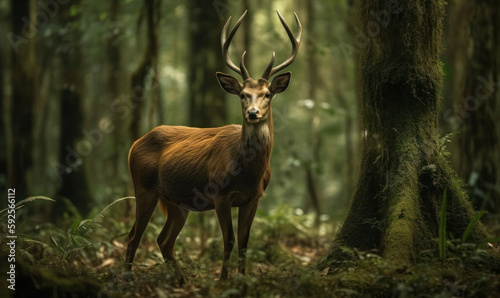 Barasingha standing in its natural habitat, a lush and vibrant forest. The deer's antlers are branching outwards, and its body is covered in a beautiful coat of golden-brown fur. Generative AI © Bartek