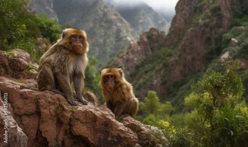 photo of Barbary macaques sitting on the rocky terrain of the Atlas Mountains in Morocco. The macaques have distinctive greyish-brown fur and expressive faces with sharp features. Generative AI © Bartek