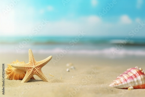 starfish and shells on the sand with a paradise beach in the background. Copy space. summer concept. Ai generative