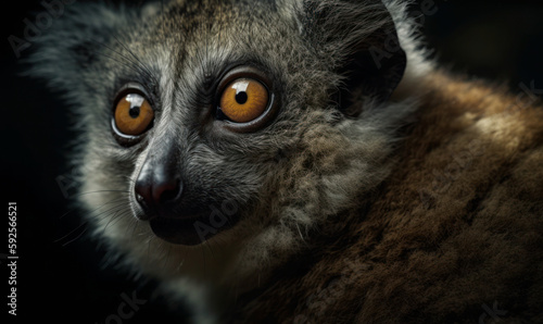 close up photo of woolly lemur on dark backgroundGenerative AI © Bartek