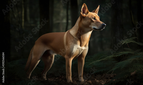 photo of Basenji in its natural habitat. The dog is standing on a patch of dirt covered in dry leaves, surrounded by trees with green leaves in the background. Generative AI