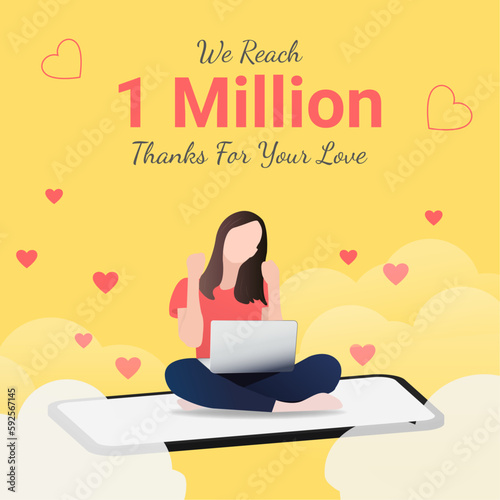 Illustration of a woman influencer content creator reached out 1 million subscribers followers. Excited girl holding laptop sitting on mobile celebrating success.  3d flat design for social media post