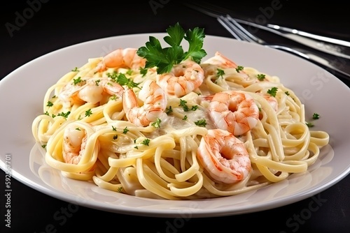 plate of pasta with shrimps in creamy alfredo sauce, created with generative ai photo