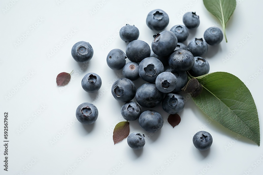 Fresh ripe sweet Blueberries isolated on the white background, top view. Generative AI Fresh ripe sweet Blueberries isolated on the white background, top view. Generative AI